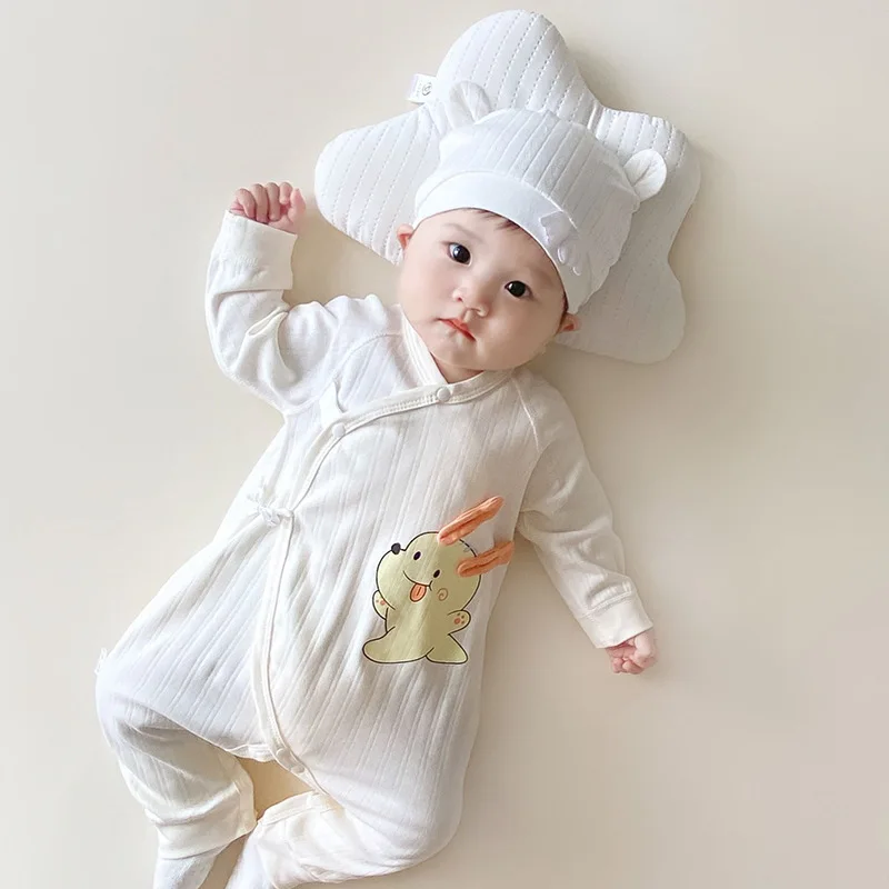 ers Newborn Baby Clothes Kids Clothing Natural Fabric Plain Solid Ruffle Long Sleeves Stay Warm Footie Button Baby Pajamas