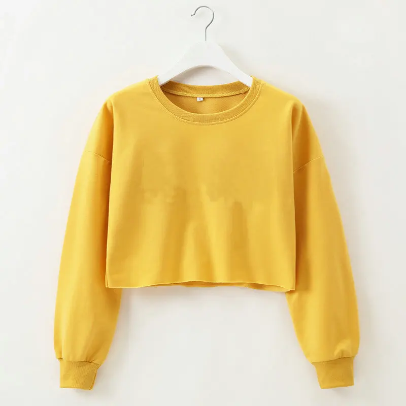 
White crop top crewneck women pullover hoodies long sleeve autumn sweatshirt crop top hoodie women 
