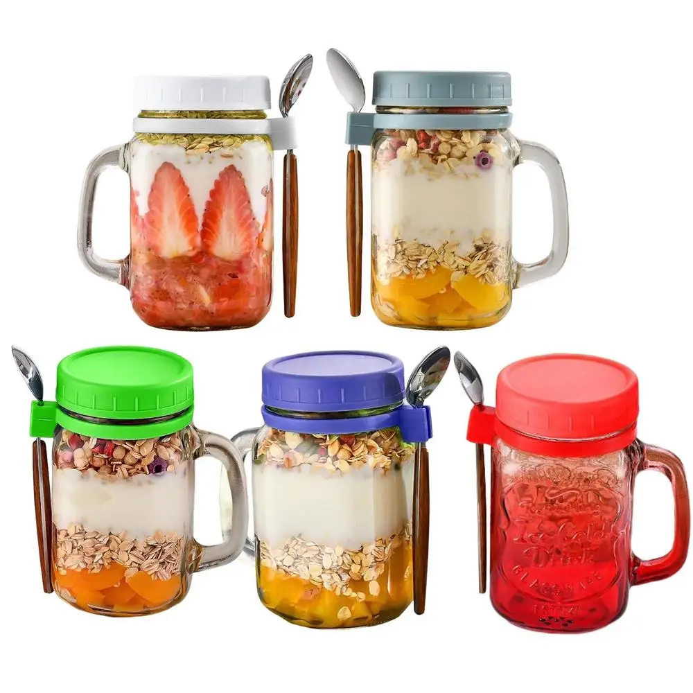DS1881 10oz/16oz Portable Glass Breakfast Cup Container Mason Jars Glass Overnight Oats Containers With Lids and Spoon