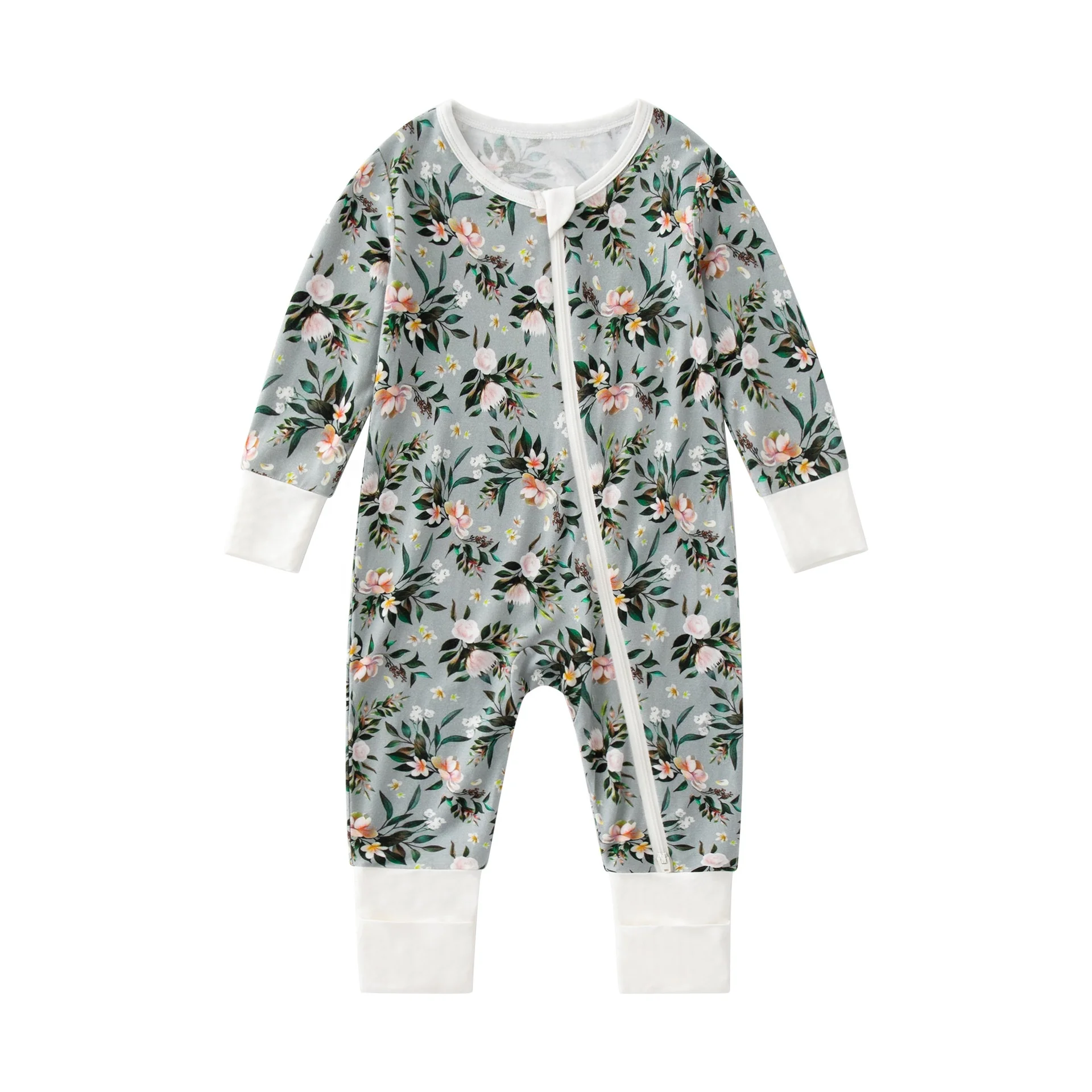 Wholesale baby bamboo fiber onesies zipper long sleeve Anti-slip rubber pad baby rompers baby sleeping onesie