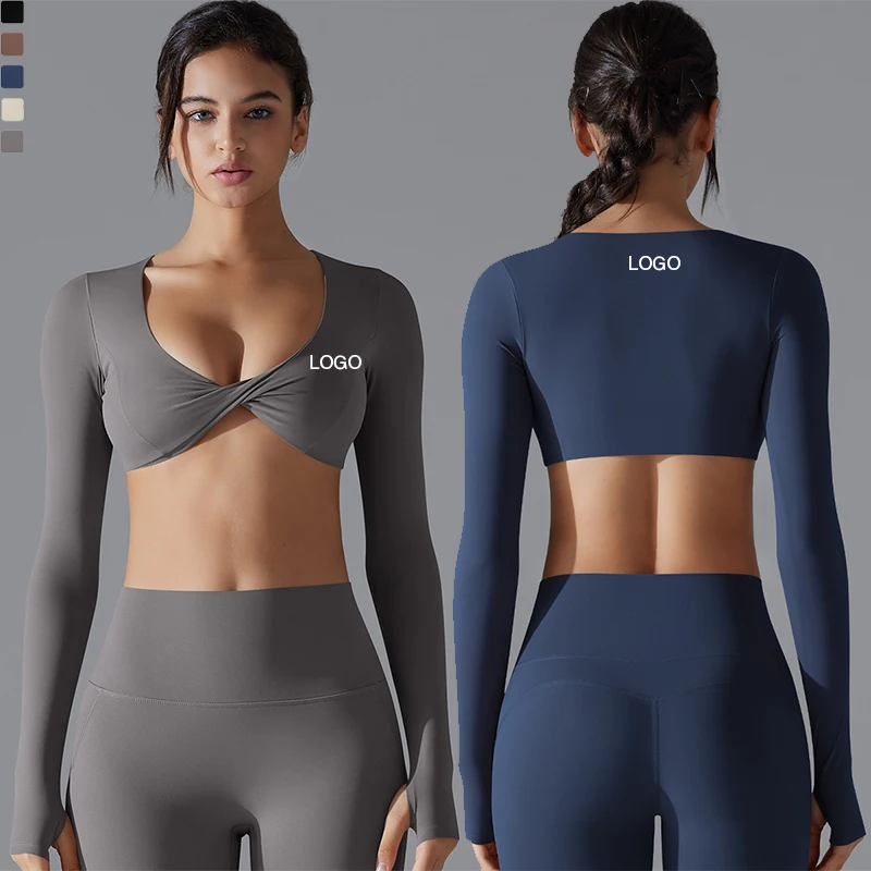 XW-7071 Wholesale New Long Sleeve Twist Top Crop For Women high Quality Breathable Yoga Exercise Gym Clothes