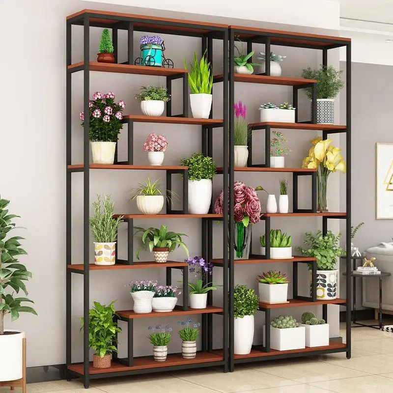 YQ FOREVER Steel Wooden Simple Floor Wall Multi-Layer Shelf Flower Pots Rack Plant Display Stands For Living Room