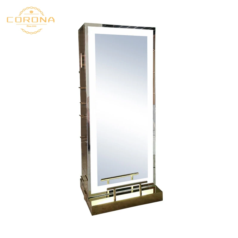 Gold single side mirror Station Luxury Light LED Mirror Cabinet Floor LED Hair Salon Furniture Barber Station