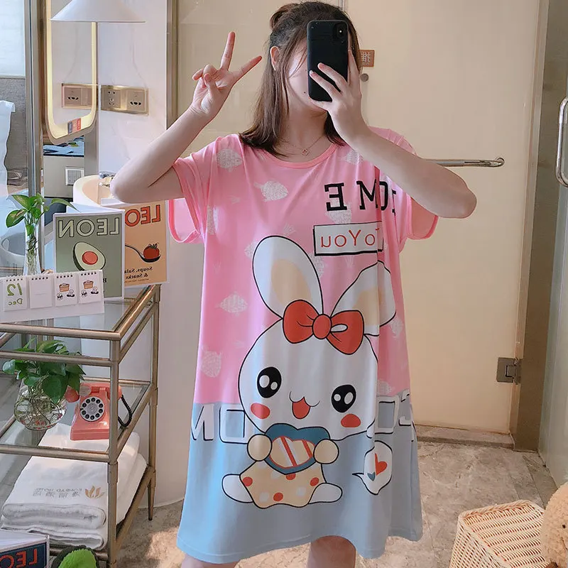 P039 Summer Plus Size Nightdress Cute Cartoon Printed Sleepwear Dress Ladies Everyday Loungewear Pajama Onesie Nightgown