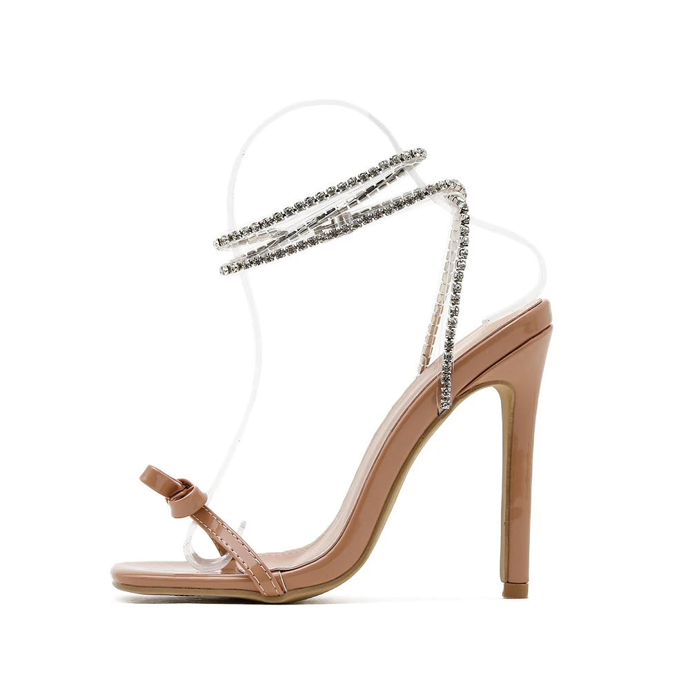 Rhinestone Diamond Square Toe Thong Pink Sandals Ankle Lace up Strap Heels for Ladies