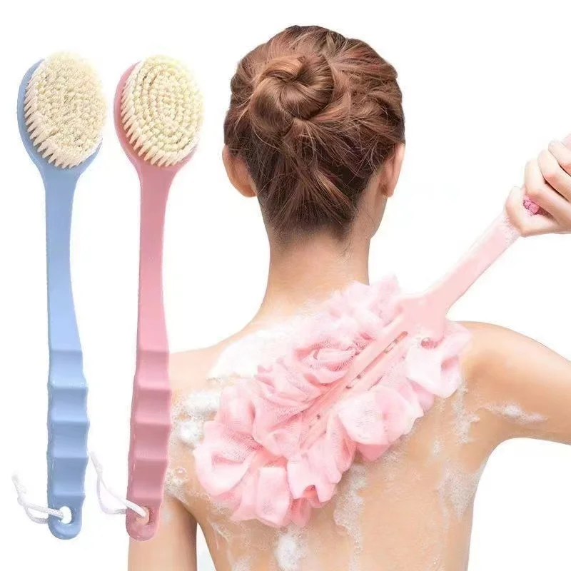 Exfoliating shower brush with double-sided soft bristle scrub back brush, 2-in-1 scrub bath tool, shower brush