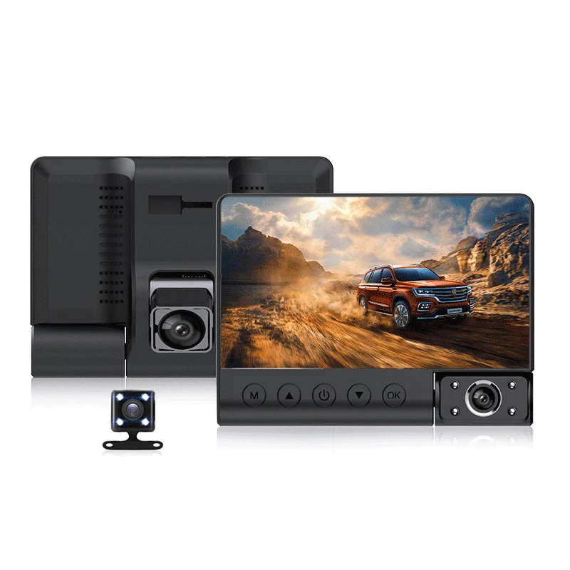 4 дюймовый видеорегистратор hd автомобиля высокой четкости 1080p dash cam 3 объектива зеркало заднего вида парковки (передний и задний ход режим движения 3 канала