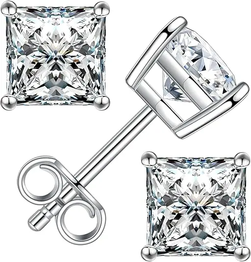 Princess Square Cut Moissanite Stud Earrings D Color VVS Moissanite Diamond 925 Sterling Silver Earrings for Women Men