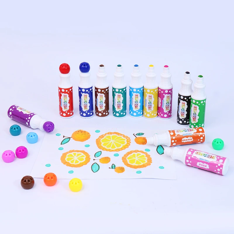 Kids graffiti dot paint markers set, 10 mm sponge tip 40ml Easy Grip Washable 12 DOT Marker for drawing toys stationery