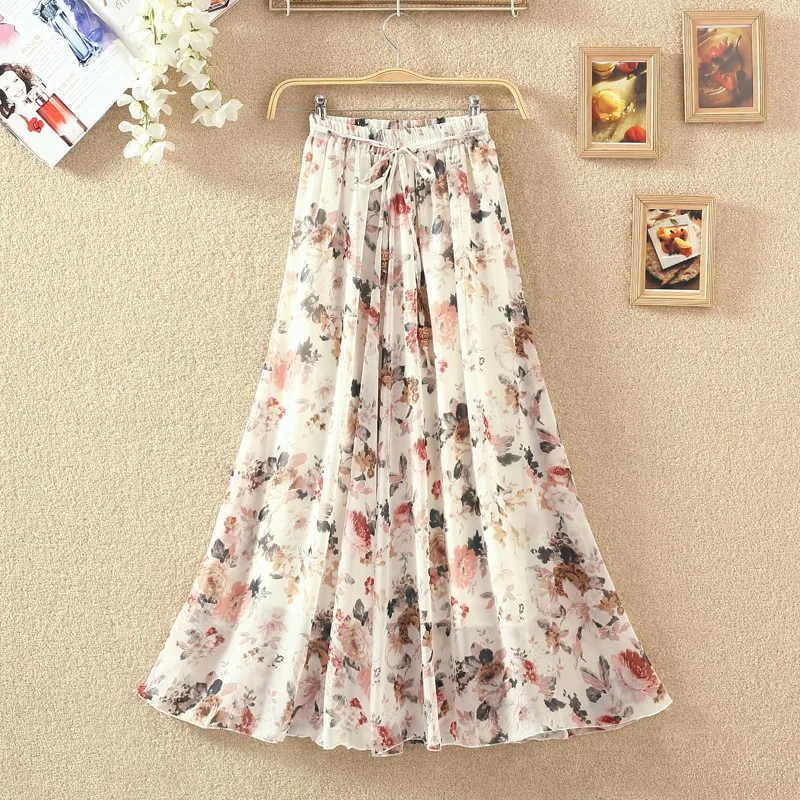 New style  lady clothing free size summer long chiffon floral maxi skirts for women