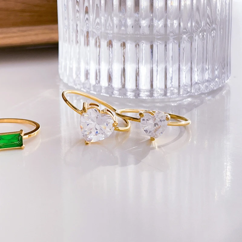 Zircon Diamond Heart Rings Stainless Steel PVD 18K Gold Plated Waterproof Jewelry for Women anillos bijoux anel schmuck joias