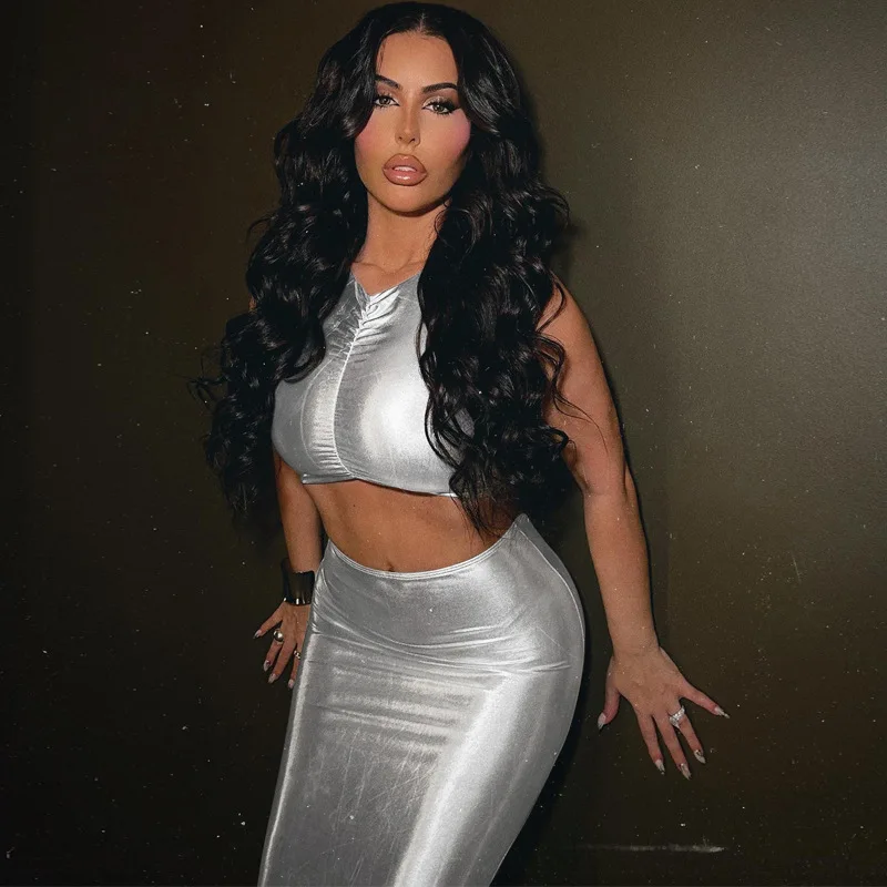 Trending Products 2023 Summer Women Sexy Pu Faux Leather 2 Piece Sleeveless Top Side Slit Midi Skirt Set