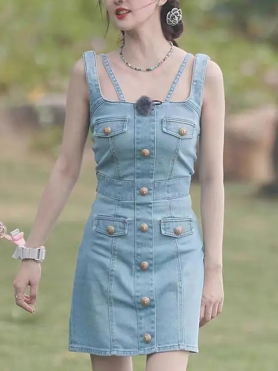 Suspender denim skirt small versatile blue dress sweet hot style high waist vest skirt for women