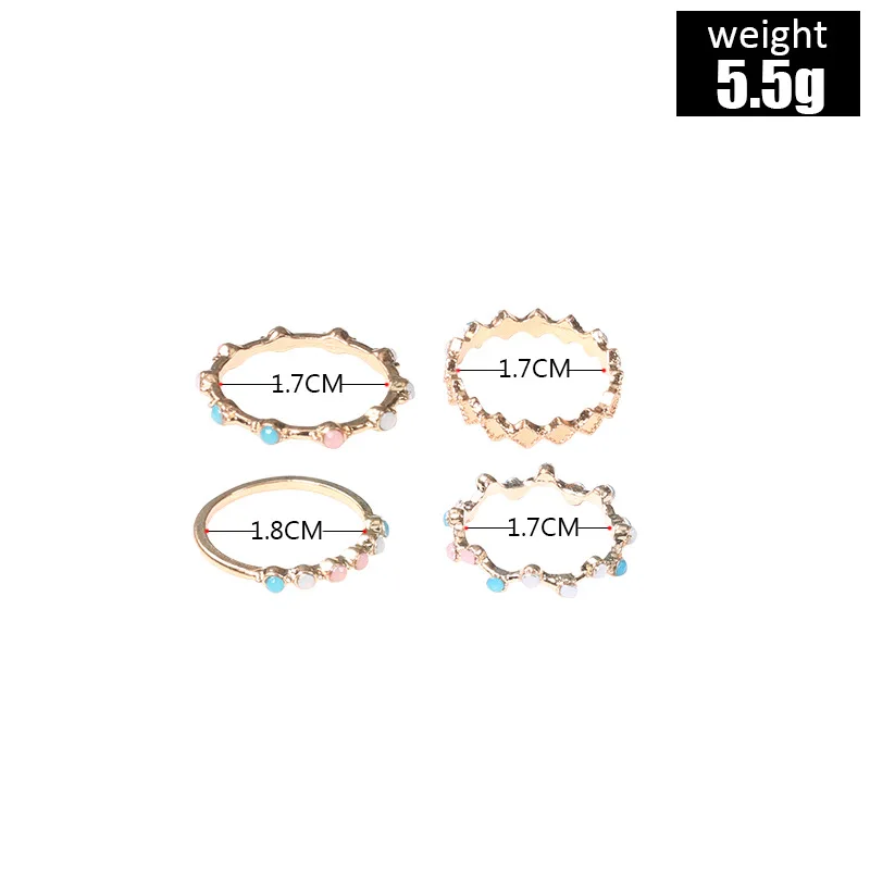Vintage Adjustable 4 Pcs/Set Gold Geometric Bling Candy Color Wave Ladies Knuckle Ring Jewelry Finger Rings Set Woman Rings