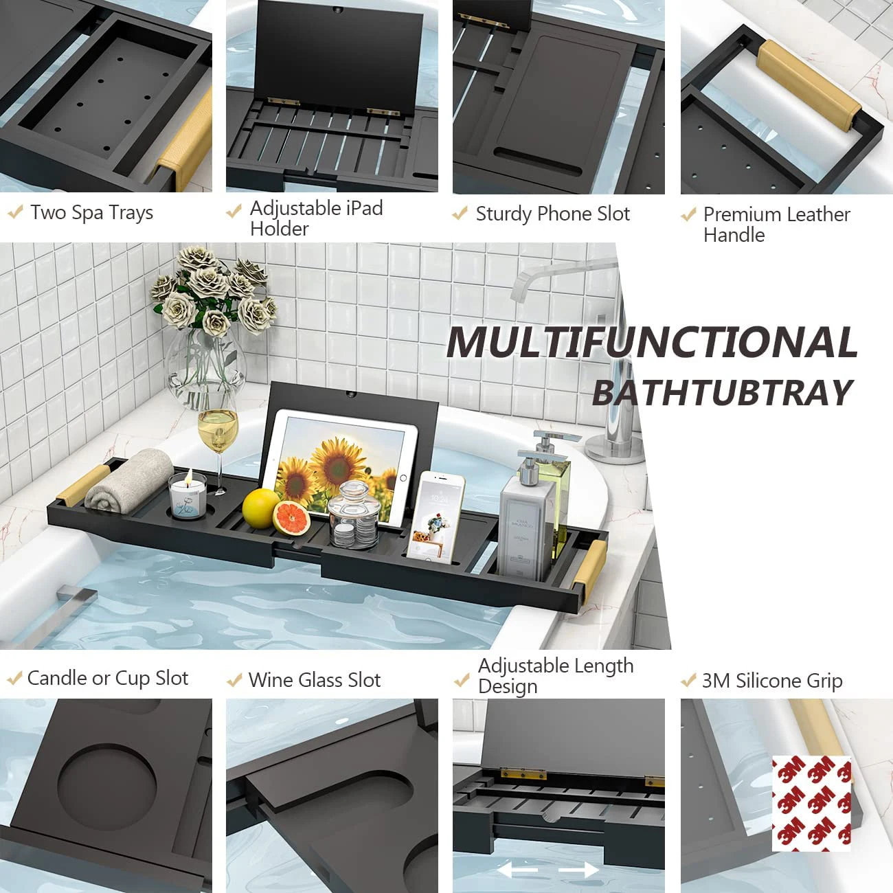 Bathtub Tray Bath Caddy Trays for Tub - Expandable Board and Book Stand Bamboo Bathtub Caddy Trays