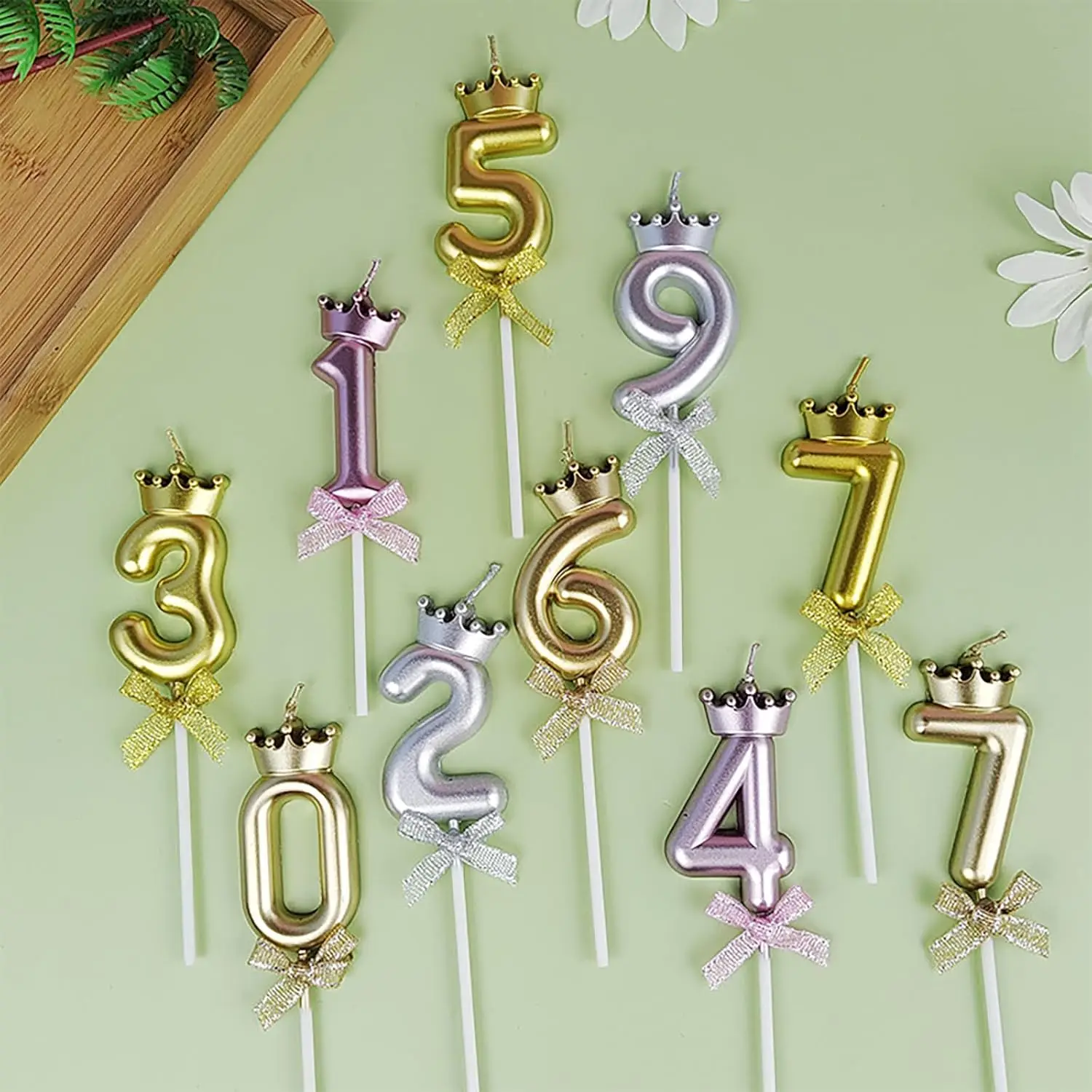 New glitter golden Bow Crown Shape Digital 0-9 Party custom extra tall 20 mermaid sparkling happy birthday number cake candles