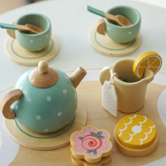 Pretend Play Preschool Wooden Kids Toys Tableware Play Set Afternoon Tea Dessert Cake Sales Tea Pot Cup Wooden Tea Set