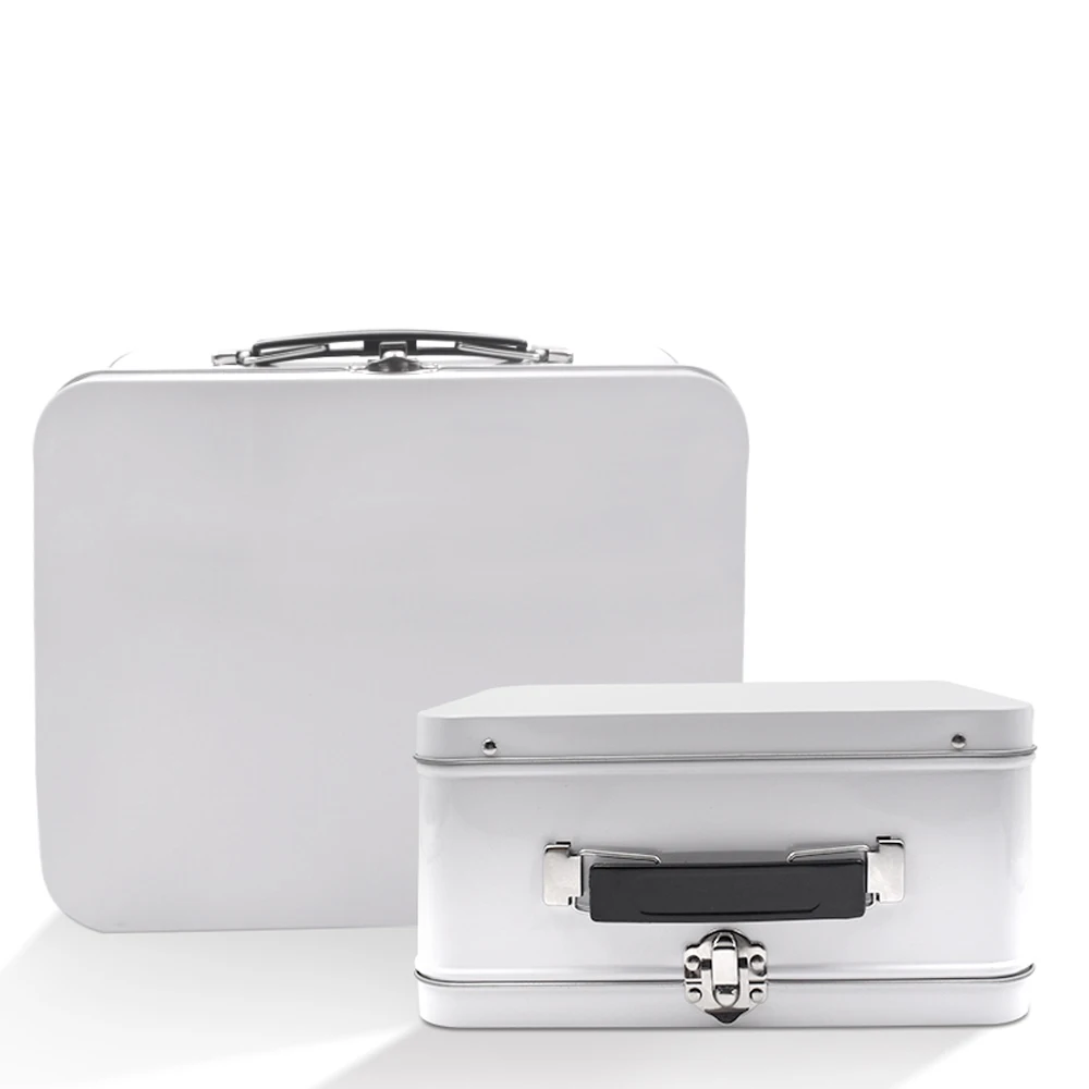 
White Plastic Handle Lunch Tin Metal Box 
