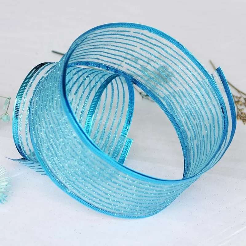 Custom Christmas Blue Glitter Mesh 100% Polyester Purple Wired Ribbon for Holiday Craft Decoration