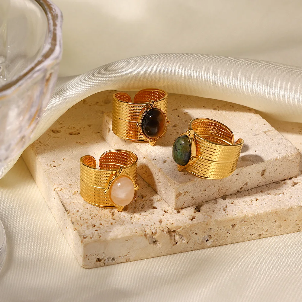 Charm 18K Gold Plated Wide Oval Natural Tiger Eye Stone Adjustable Stainless Steel Rings