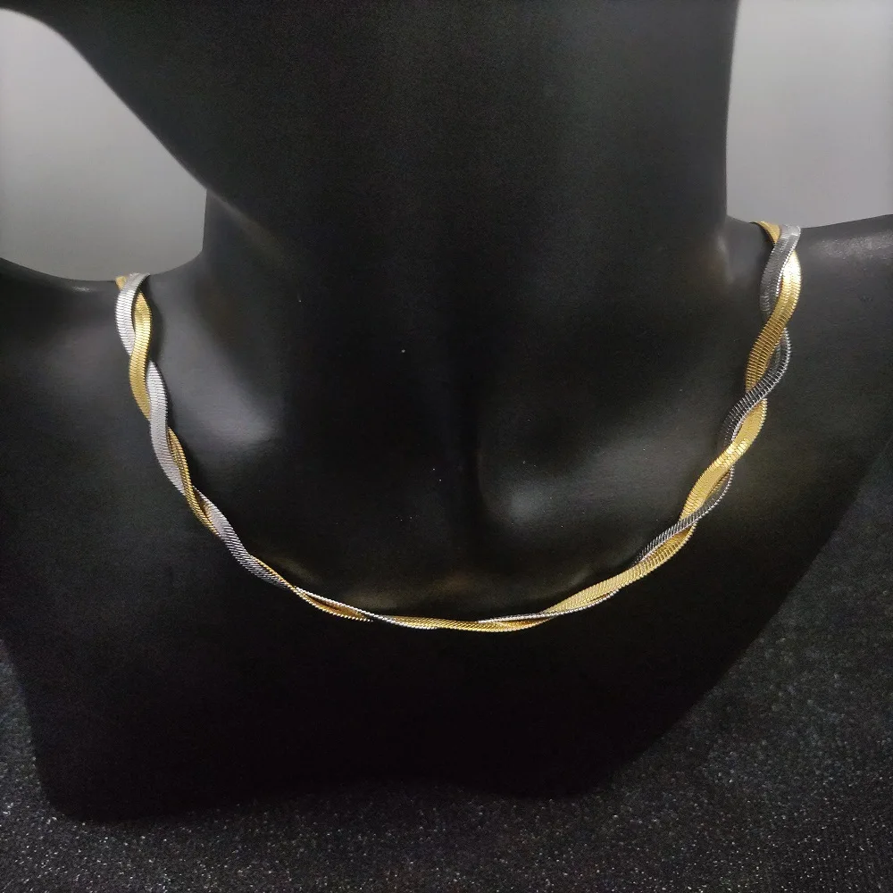 18K  Gold Double Chain Snake Chain Wrap Necklace Bracelet Set Blade Braided Chain Jewelry Set