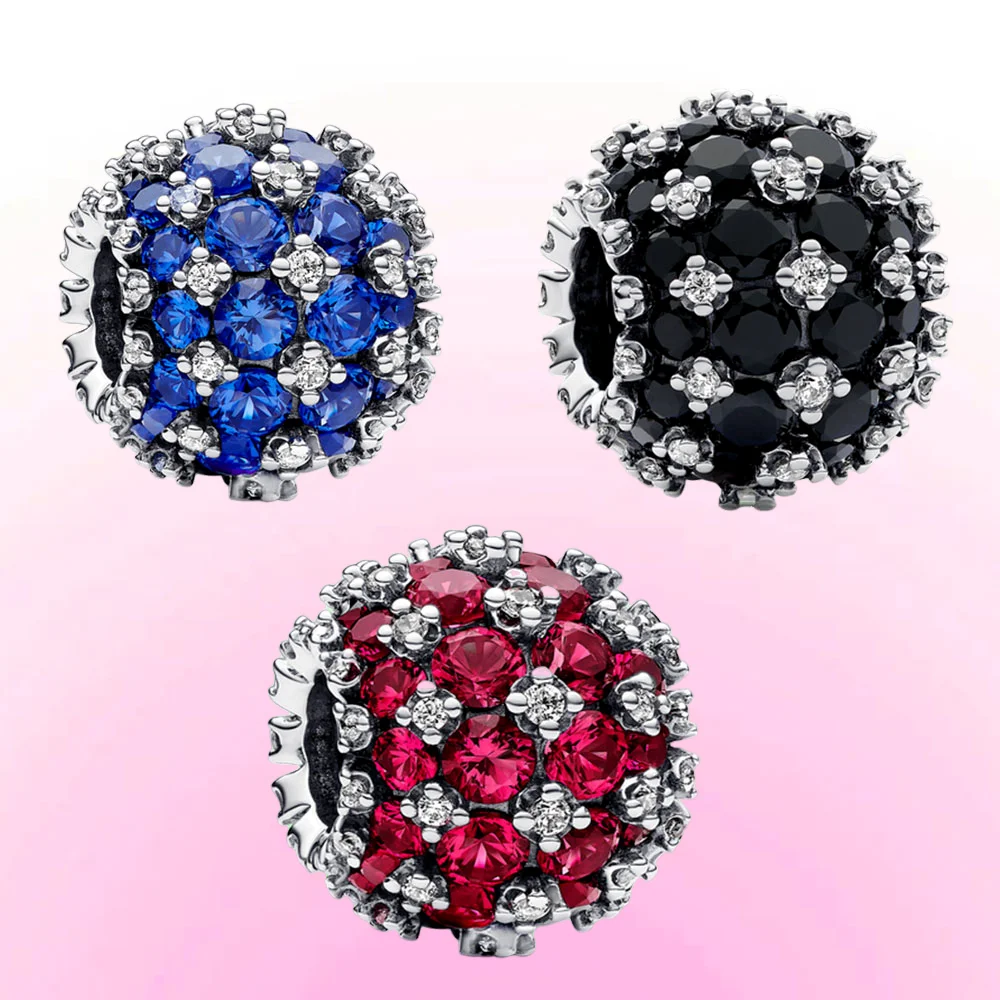 New 100% 925 Sterling Silver Red White Blue Black Zircon Sparkling Round Charm Beads Fit Pan Bracelet Original Charm DIY Jewelry