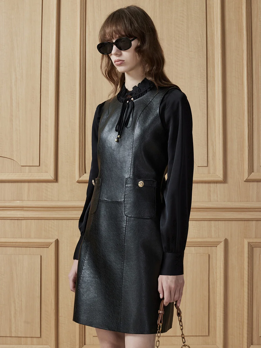 YRP012 Upmarket Chic Style PU Leather Jumper Skirt Good Quality Artificial Sheep Leather  Fluid Dress