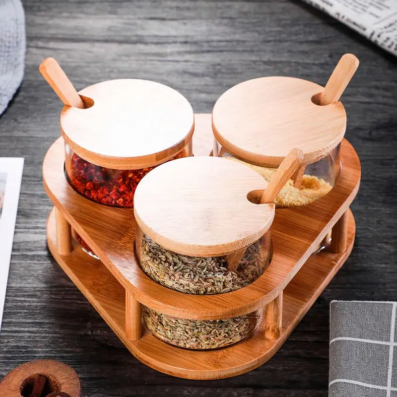 3 pcs bamboo glass storage jars sets for kitchen food spice jars set