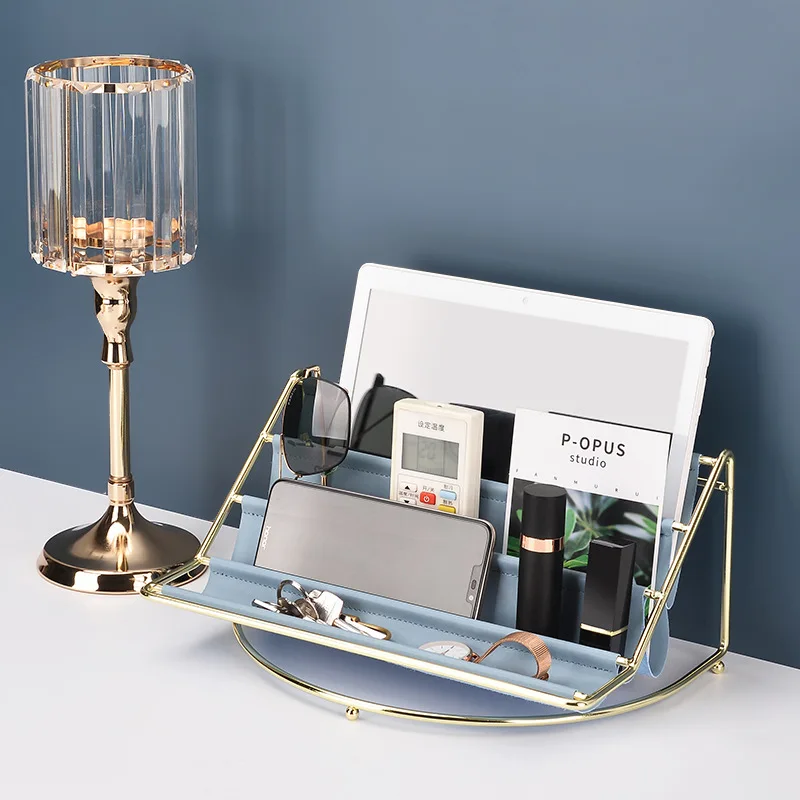 Nordic metal mesh leather desktop storage racks desk organizer stand