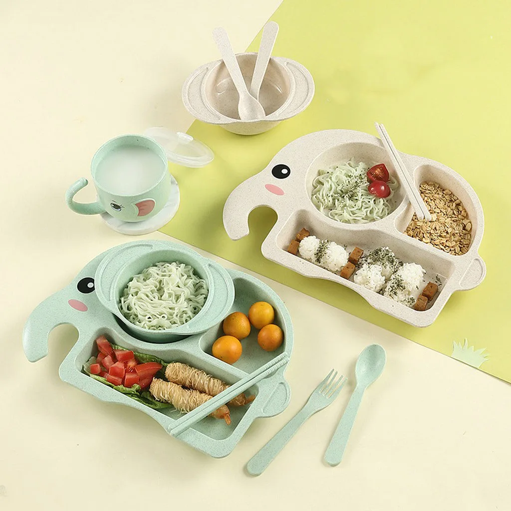 Kids Dinnerware Set Wheat Straw Baby Feeding Set for Kids and Toddlers Children Plate Set Includes Plates Chopstick and Spoon