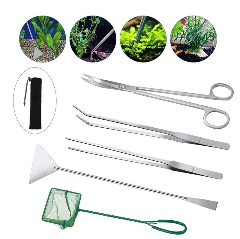 Cleaning Aquarium Tools Kit Set Fish Tank Long Stainless Steel Tweezers Scissor Spatula Equipments