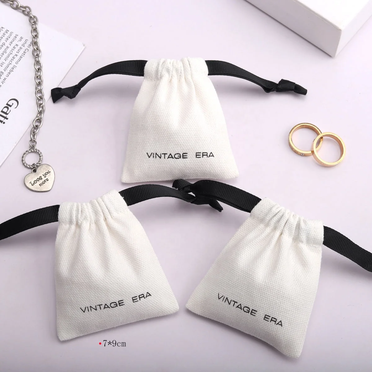Wholesale Reusable Brush Canvas Necklace Earring Storage Bag Custom Logo Printed Gift Ring Packing Drawstring Jewelry Pouch