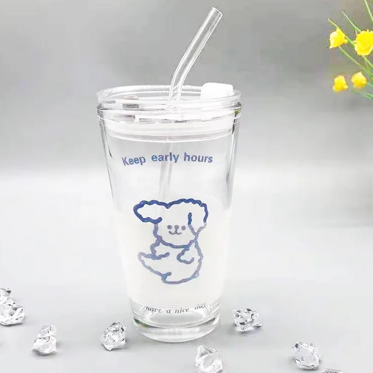 Heat Resistant Glass Cup Milk With Lid Straw Glass Coffee Cups Custom Logo Breakfast Cup