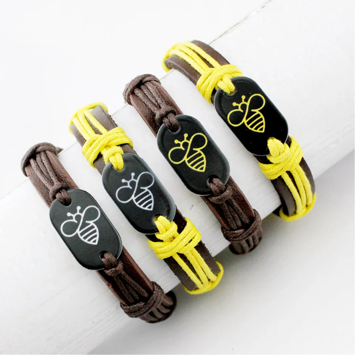 Manufacturer Honeybee Bees Genuine Leather Bracelet Bee Charm Brown Black Leather Bracelet