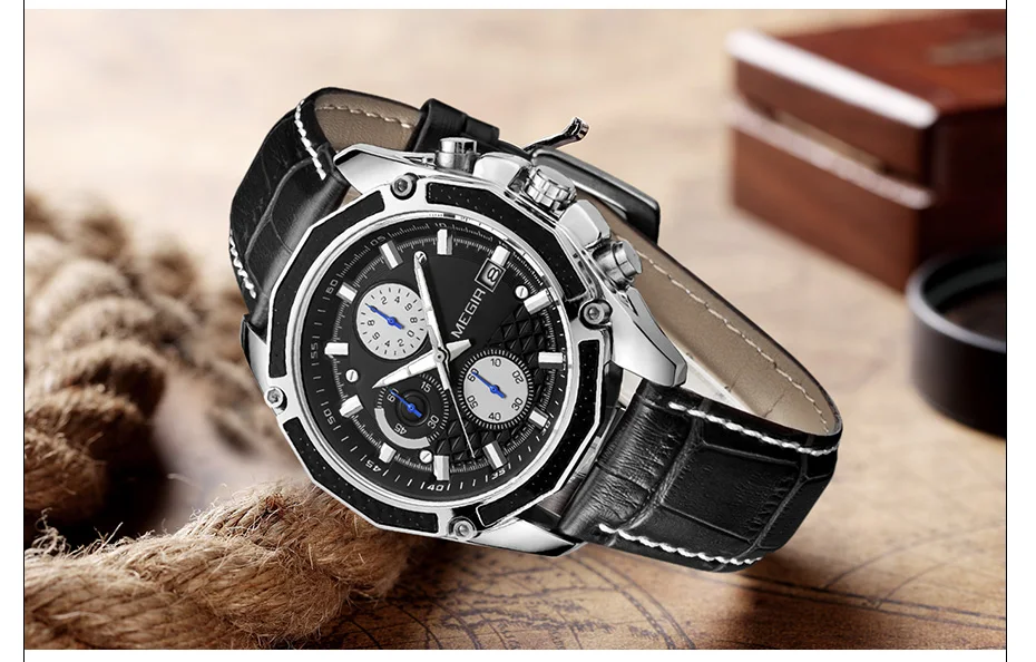MEGIR 2015 Watch For Men High Quality Genuine Leather Band 3ATM Water Resistant Man Sport Analog Chronograph Quartz Watches