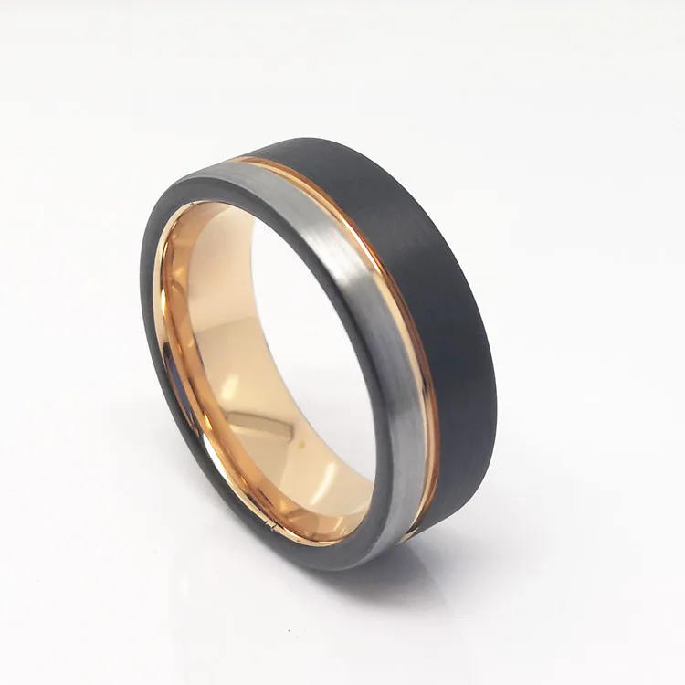 Лидер продаж, модное Черное и серебряное матовое кольцо из карбида вольфрама с розовым золотом внутри