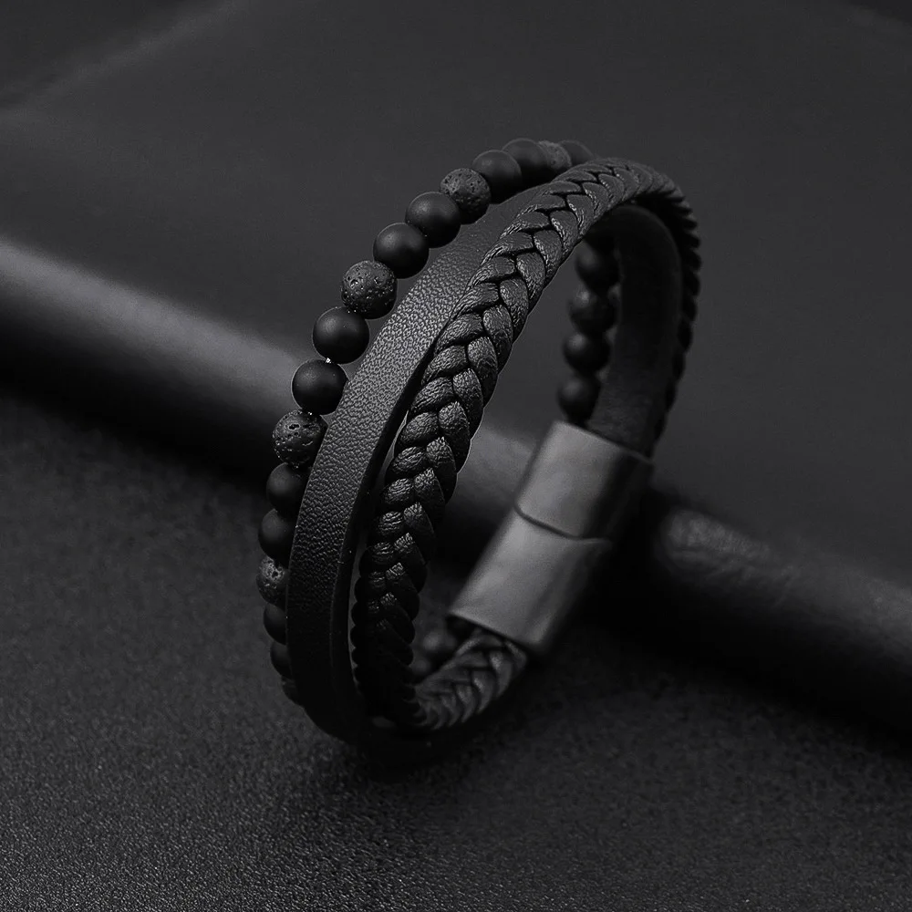 BANGLES Beach Bracelet Natural stone volcanic stone leather bracelet stainless steel leather braided bracelet