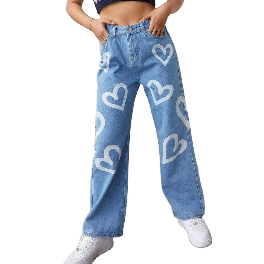 High Waist Denim Trousers women Casual Wide Leg Jeans Trouser heart shaped print casual pants denim jeans