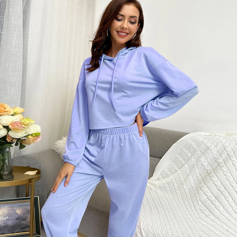 Custom Drop Shoulder Drawstring Hoodie Sweatpants Jogging Sweatshirts Suits Gym crop tops for women Set print logo for spring