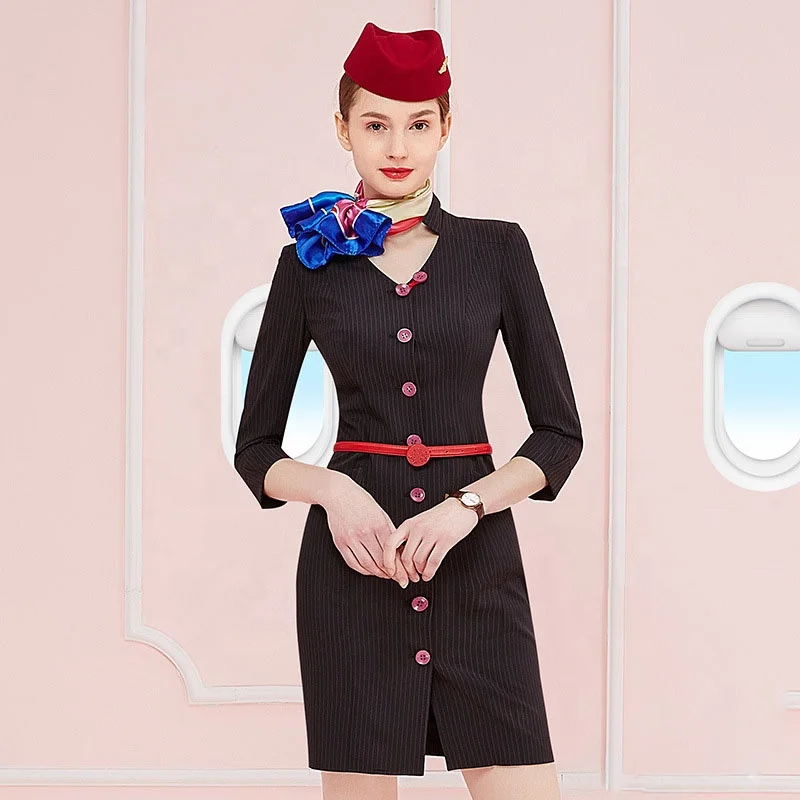 Custom Fabric Single Breasted Blazer Airline Work Uniforms Elegant Flight Attendant Stewardess Uniform Long Dress Overall Coat