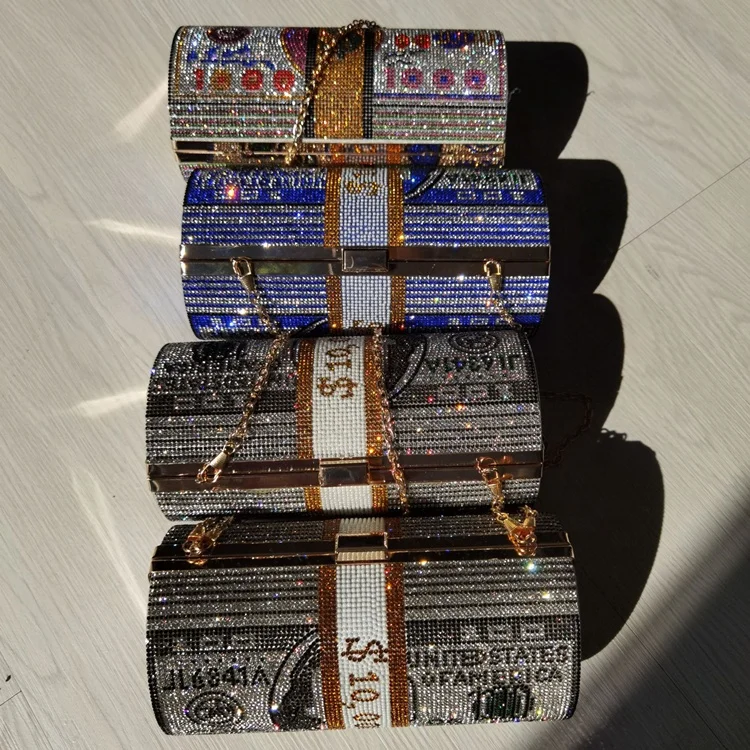 
Roll Dollars Rhinestone Bling Money Bag Clutch Evening Bag Round Purse Crystals Bling Money Bag Shoulder Purse 