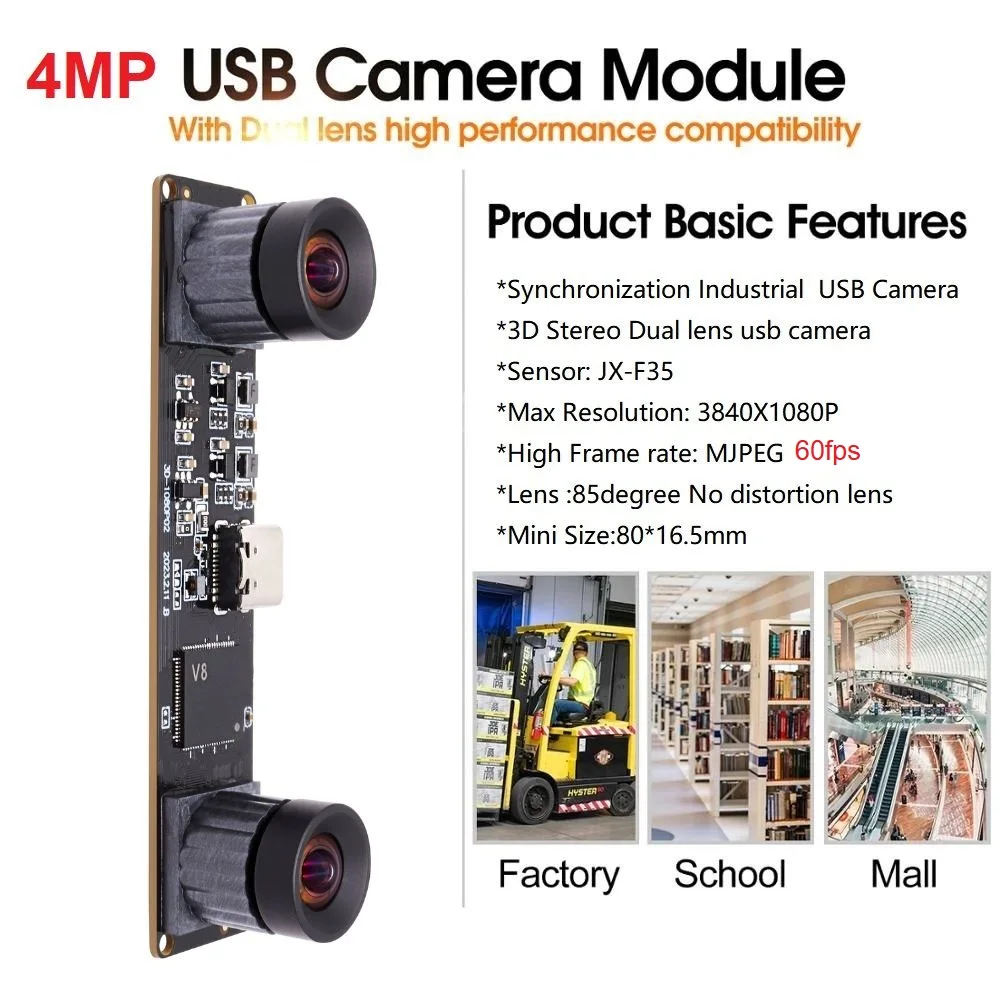 ELP 4MP Dual Lens  3840X1080 60fps Synchronization  3D Stereo USB Camera Module for VR camera ,3D Printing scanner