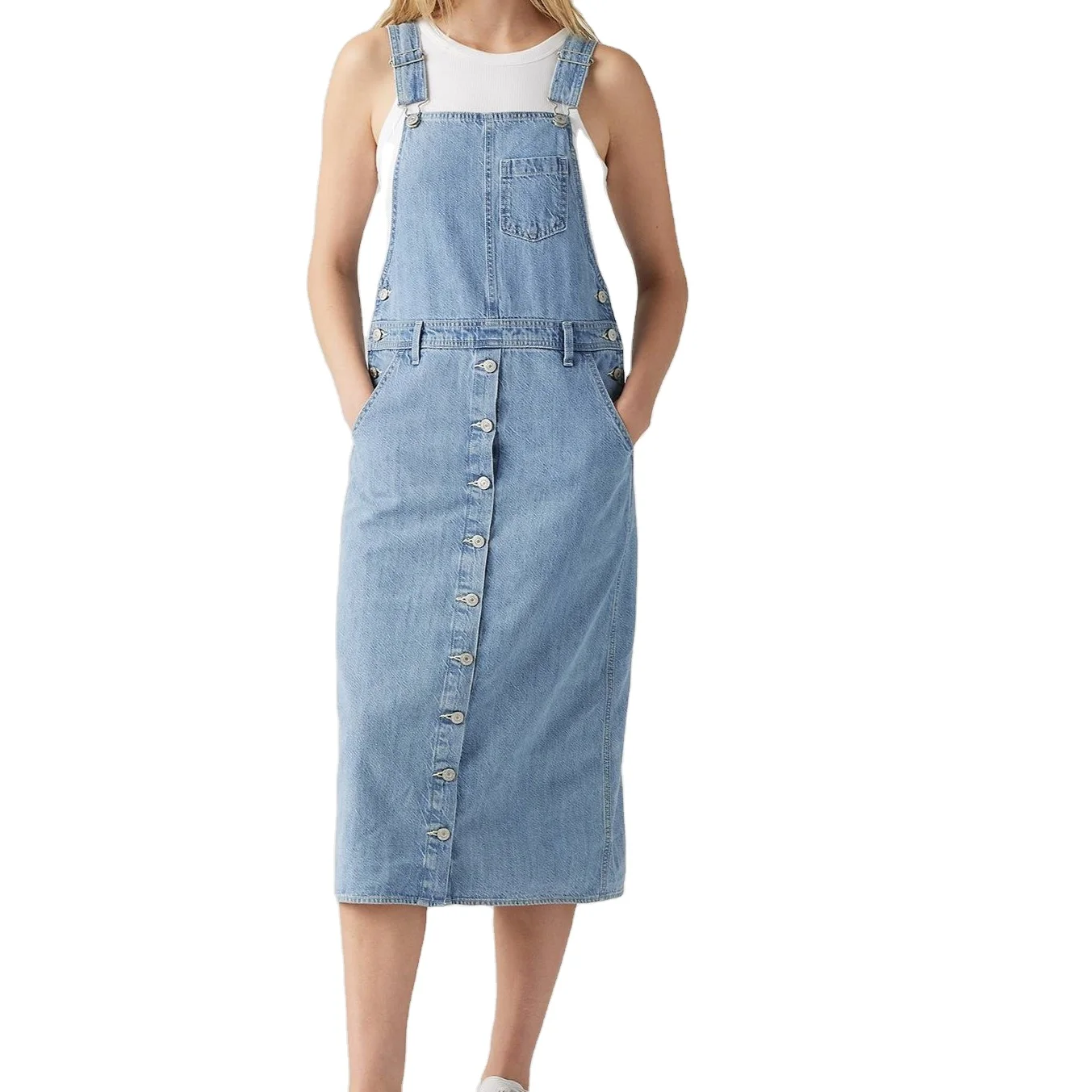100% Cotton Classic Medium Grey Blue Two Tone Calf Length Denim Jumper Dress Denim Maxi Overall Dress
