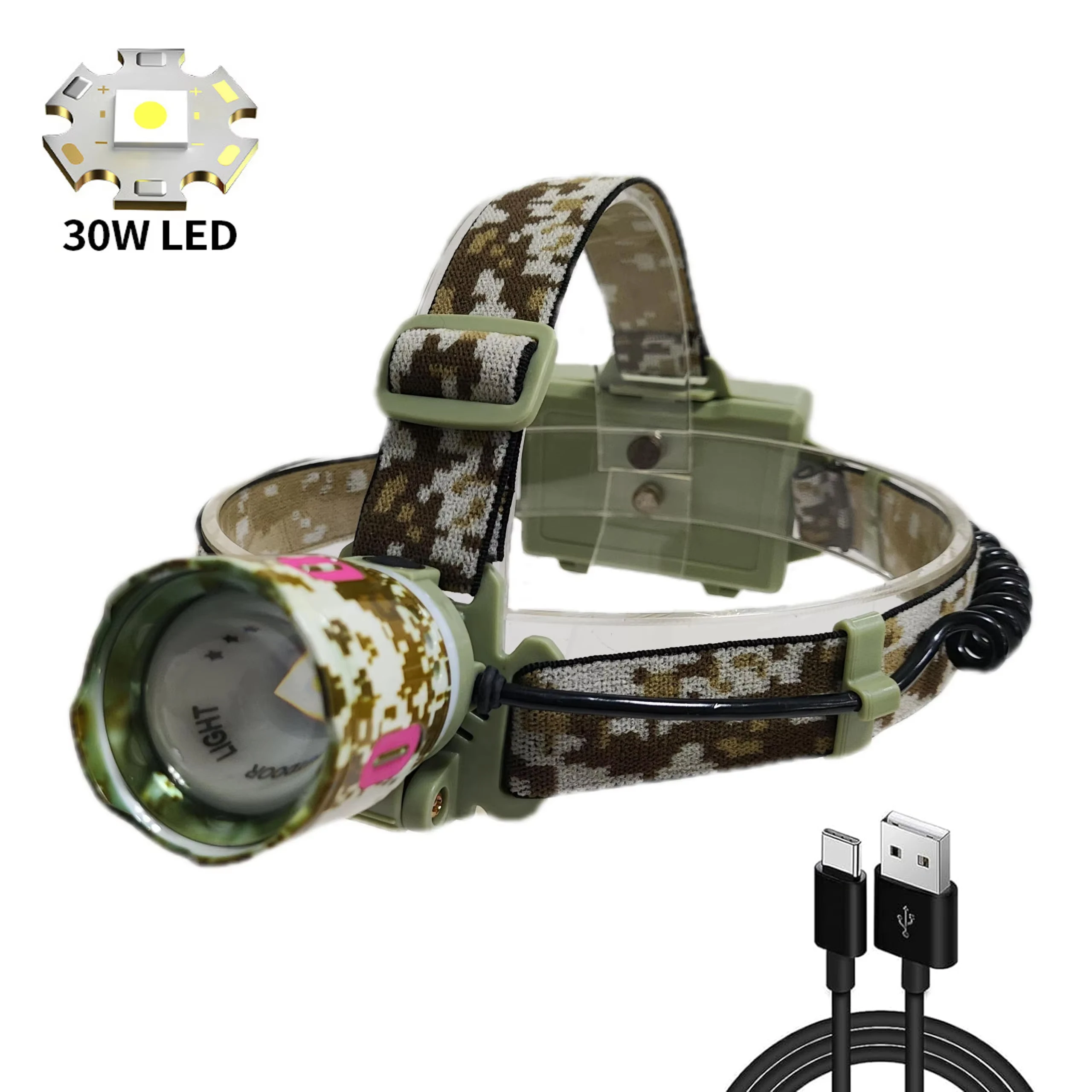30W High Brightness LED Rechargeable Headlight USB Type-C Camuflagem With Aluminum Body Zoomable Portable 500M Light For Camping