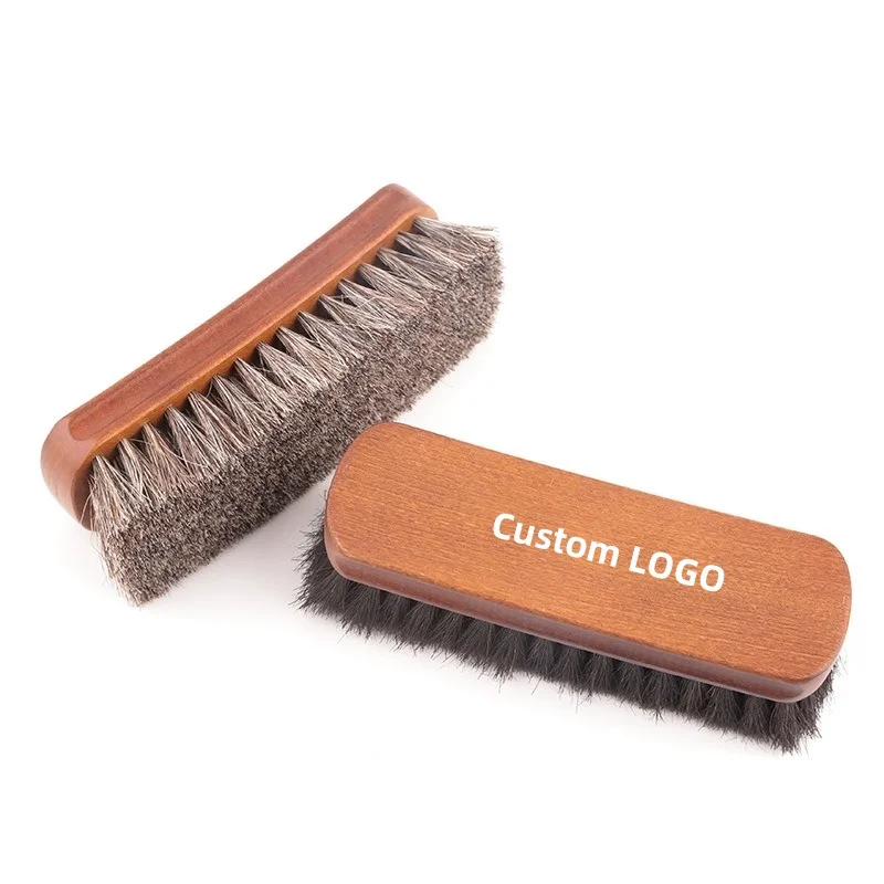 Custom LOGO 17 cm Dark Color Wood Handle 100% Horsehair Brush Shoe Cleaning Wooden Brush Horse Hair Shoe Polishing Shoe Brush