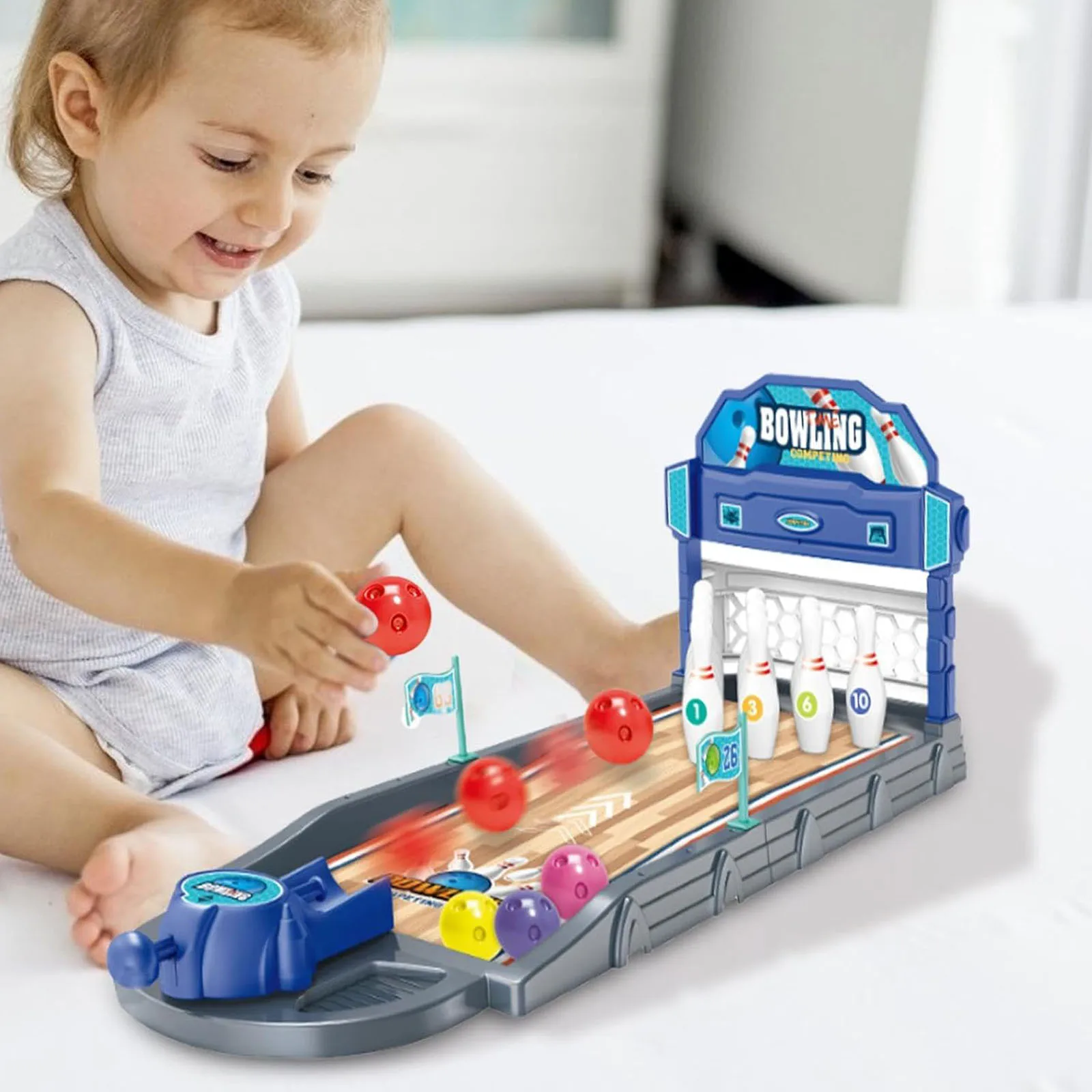 Interactive Tabletop Board Games Family with Bowling Alley Board and Launch Ramp Balls Pins for Children Adults