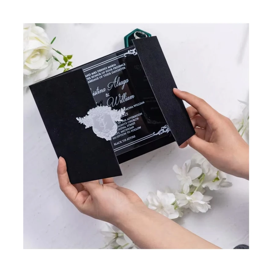 Personalized Custom Trifold Pocket Envelope Suite Luxurious Velvet Wedding Invitations Card With 3D Acrylic Name Tag