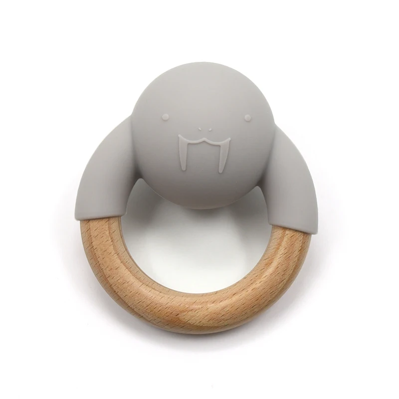 wholesaler  Baby Silicone with  Wood Ring Teether Animal Shape Walrus  Bell  Kids Teething Silicone Wood  Ring Bell Teethe Toys