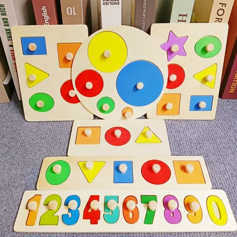 Early Childhood Teaching Aid Jigsaw Panel Gripper Toy Letters And Numbers Learning Geometric Shape Wooden Puzzles Board For Kids