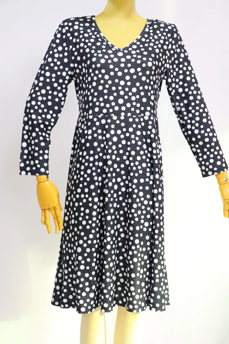NO MOQ Super Soft Fashion Women Full Long Sleeve Dresses for Winter Custom Polka Dots Autumn Wears V-Neck Dresses with Pockets